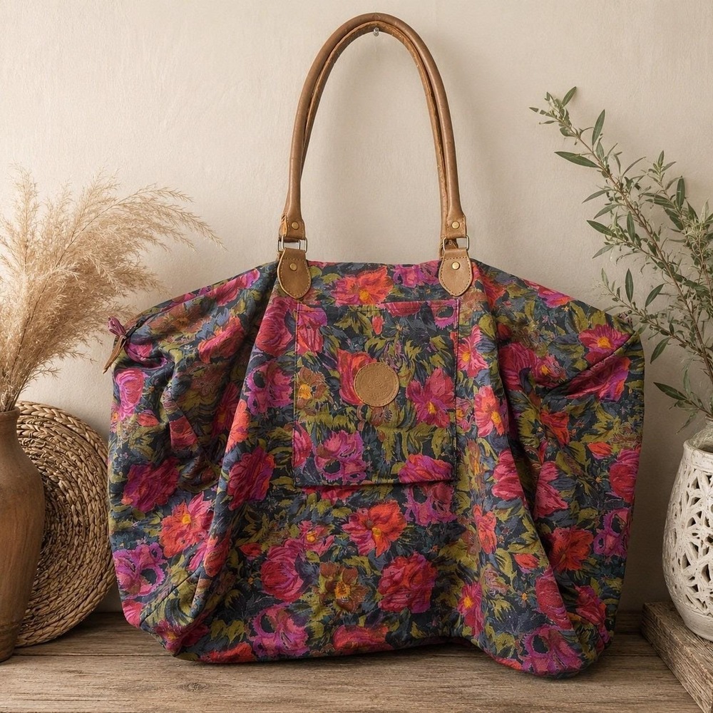 Vintage Floral Print Cotton Weekender Bag Large Boho Travel Tote Made India